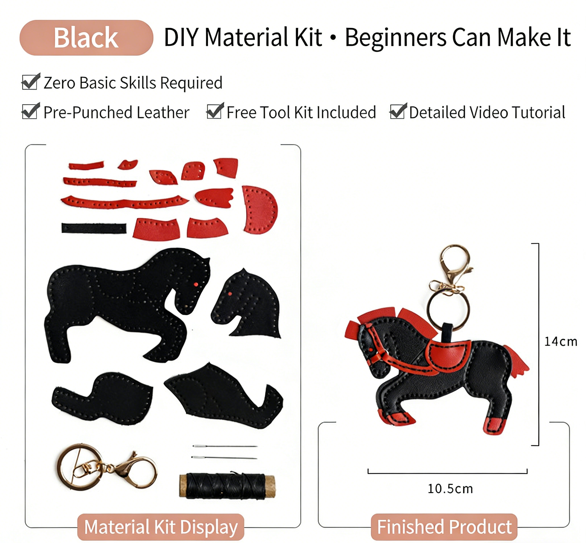 DIY Leather Horse Keychain Kit for Beginners – Handmade Cowhide Bag Charm & Keyring Craft Set with Video Tutorial