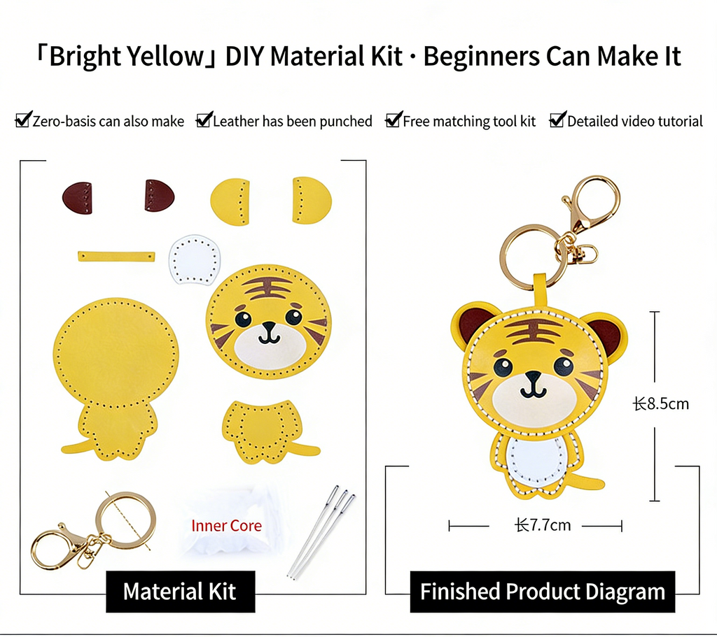 DIY Tiger Keychain Leather Craft Kit – Pre-Cut Cowhide Sewing Kit with Video Tutorial, Handmade Animal Keyring DIY Set