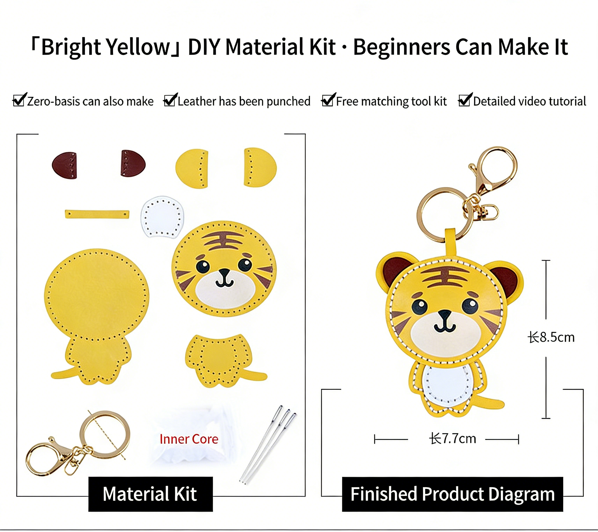 DIY Tiger Keychain Leather Craft Kit – Pre-Cut Cowhide Sewing Kit with Video Tutorial, Handmade Animal Keyring DIY Set
