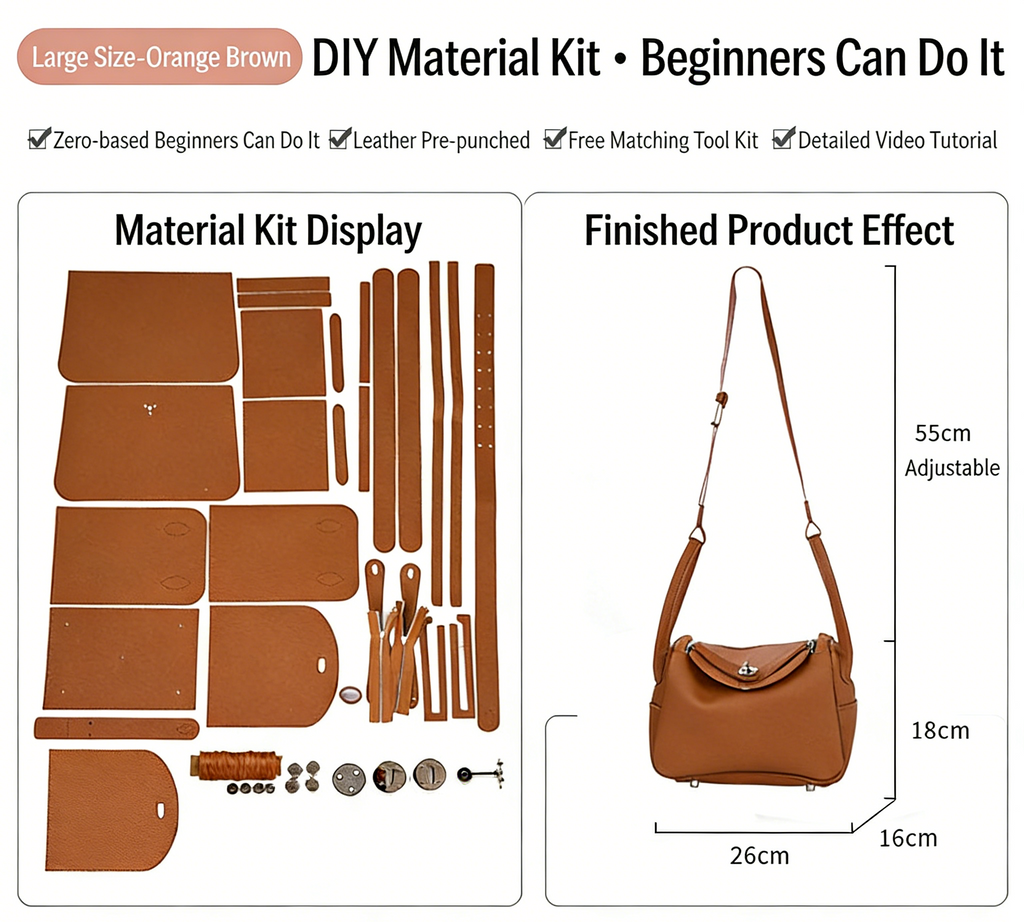 DIY Genuine Leather Shoulder Bag Kit – Handmade Cowhide Crossbody Bag Craft Set for Beginners (Small & Large Size, Video Tutorial Included)