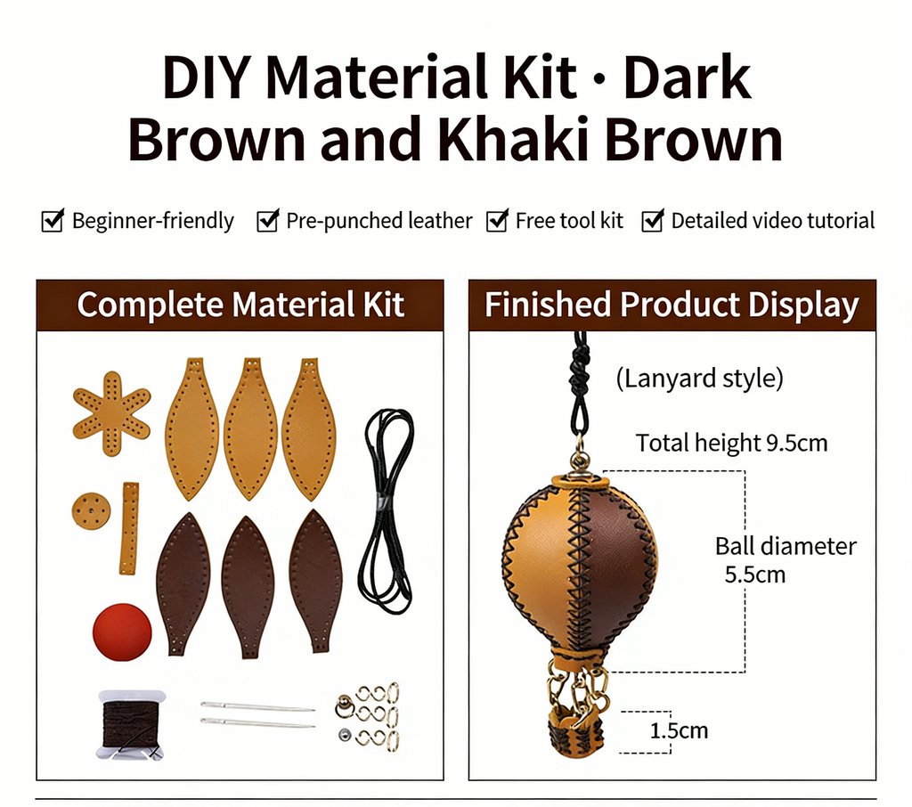 DIY Genuine Leather Keychain Charm Kit for Beginners – Handmade Bag Charm & Keyring Craft Kit with Pre-Cut Materials and Video Tutorial