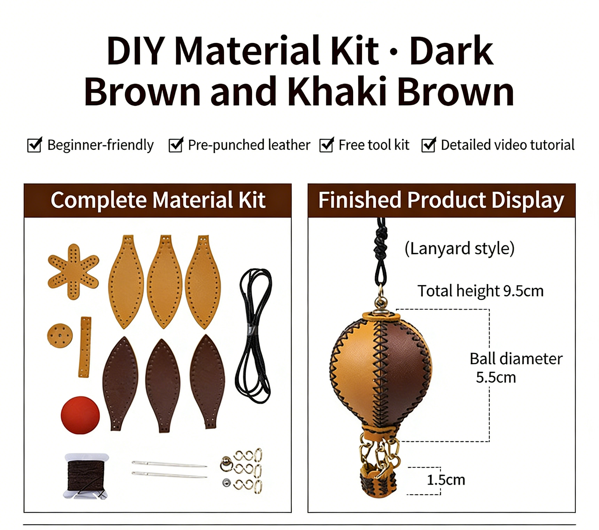 DIY Genuine Leather Keychain Charm Kit for Beginners – Handmade Bag Charm & Keyring Craft Kit with Pre-Cut Materials and Video Tutorial