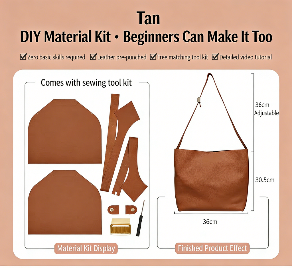 DIY Genuine Leather Tote Bag Kit for Beginners – Handmade Cowhide Shoulder Handbag with Video Tutorial, Pre-Cut Sewing Craft Set