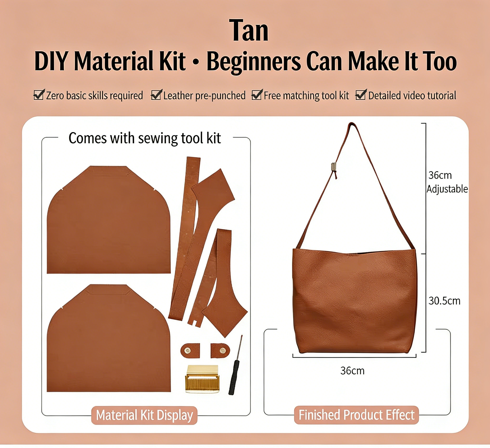 DIY Genuine Leather Tote Bag Kit for Beginners – Handmade Cowhide Shoulder Handbag with Video Tutorial, Pre-Cut Sewing Craft Set