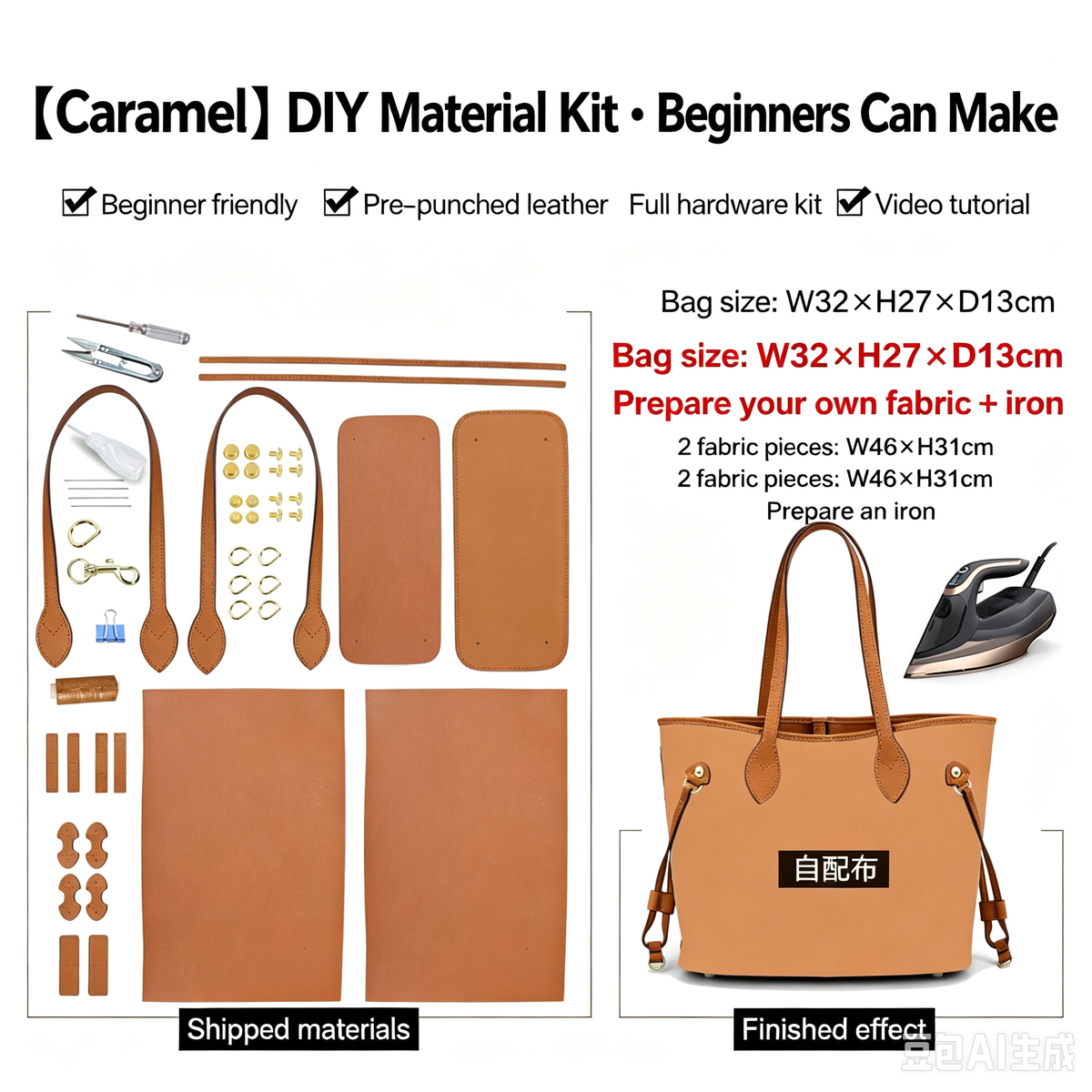 DIY Leather Tote Bag Kit – Beginner Large Cowhide Work & Shoulder Bag
