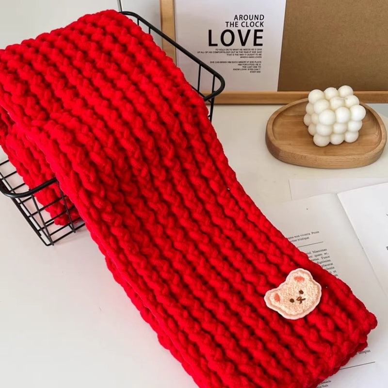 DIY Chunky Soft Yarn Knit Scarf Making Kit, Cute Bear Patch Warm Handmade Winter Scarf Craft Kit Multiple Color Options For Beginners