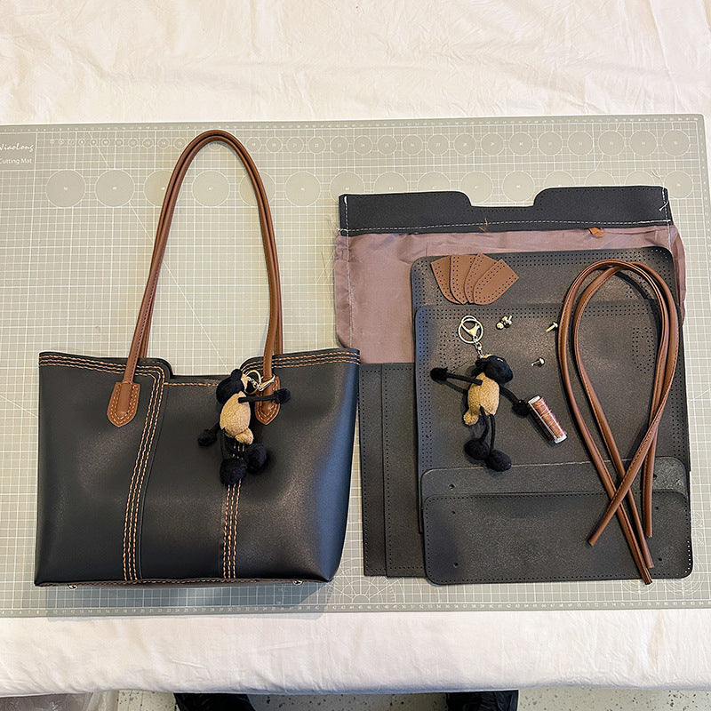 DIY PU Leather Tote Bag Kit for Beginners – Handmade Shoulder Handbag with Video Tutorial, Pre-Cut Materials, Khaki/White/Brown/Black
