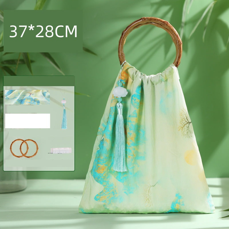 DIY Bamboo Handle Handbag Kit | Chinese Style Straw Woven Bag Craft Set with Fabric Materials | Handmade New Chinese Aesthetic Gift Bag