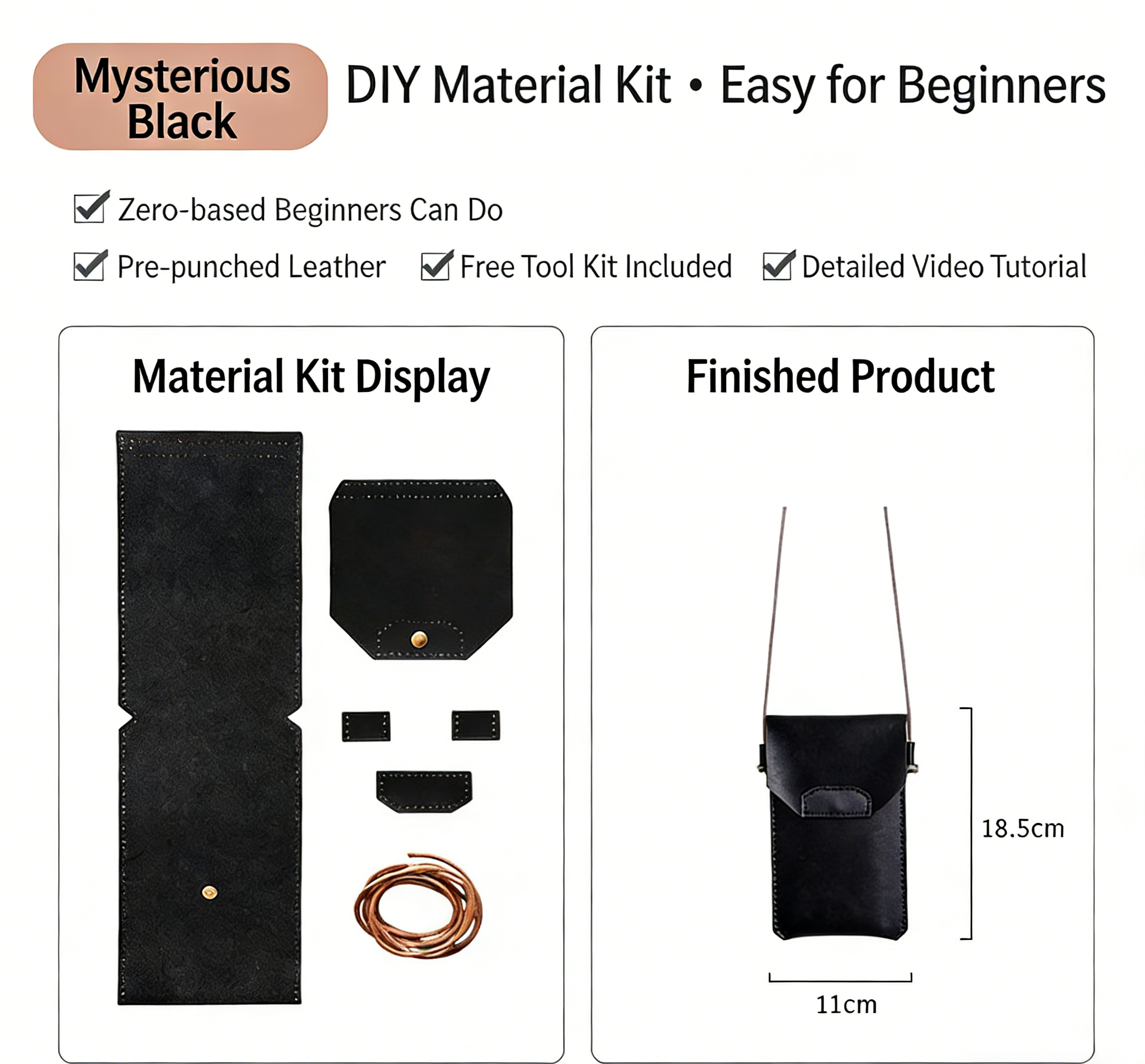 DIY Genuine Leather Phone Bag Kit – Handmade Crossbody Phone Pouch Sewing Kit for Beginners with Video Tutorial