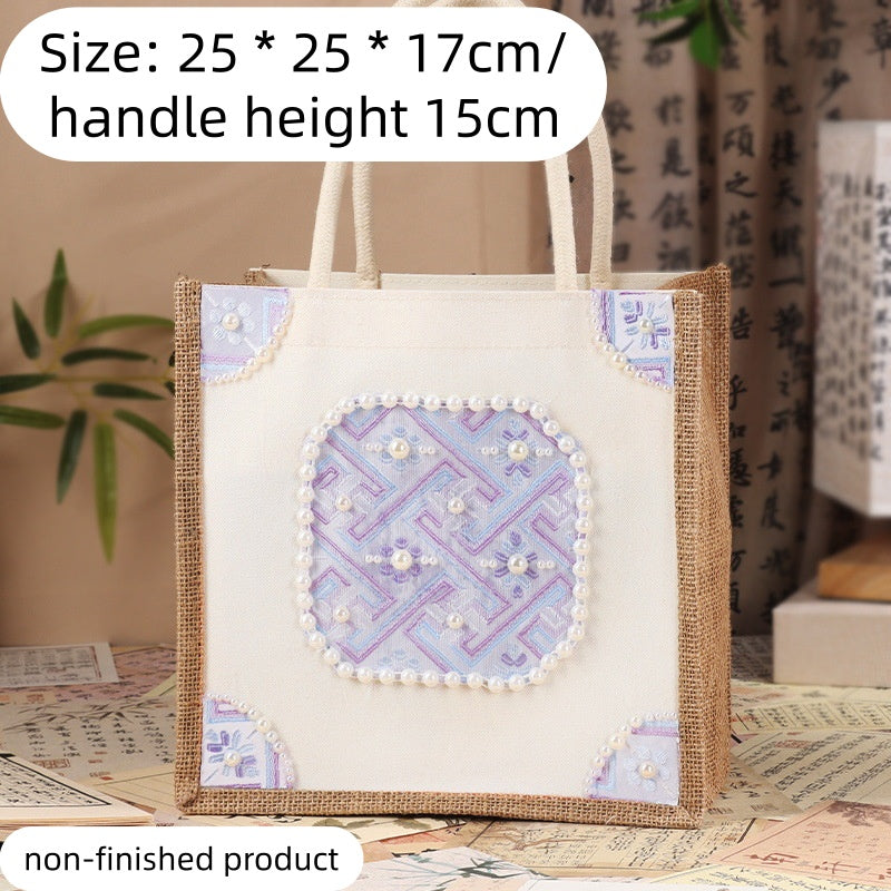DIY Fabric Tote Bag Kit with Floral Brocade & Pearl Decoration | Handmade Canvas Handbag Craft Set Creative Gift