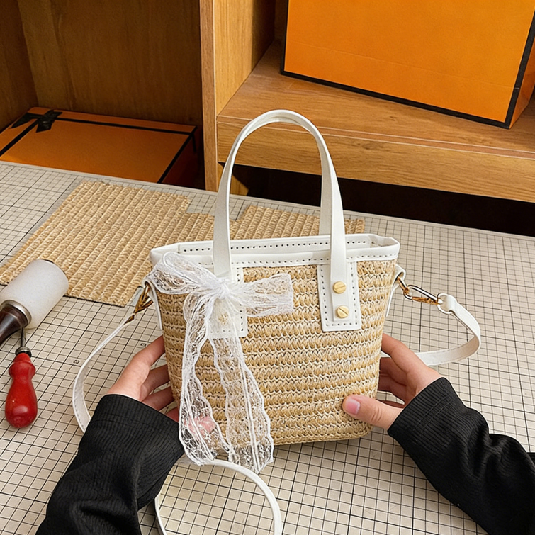 DIY Woven Straw & PU Leather Handbag Kit for Beginners – Handmade Crossbody Tote Bag Sewing Kit with Video Tutorial