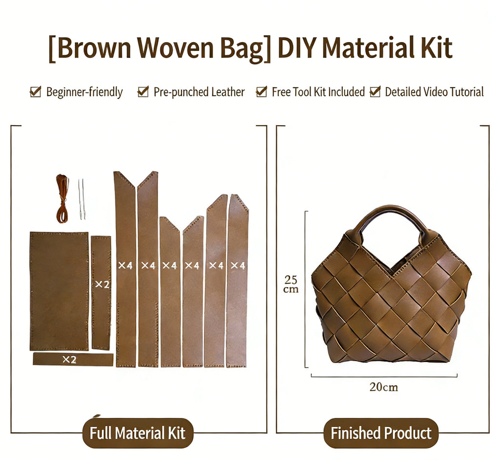 DIY Wide Grid Woven Mini Hand Tote Bag Sewing Kit, Genuine Leather & PU Material Multi Color Handmade Craft Bag For Women