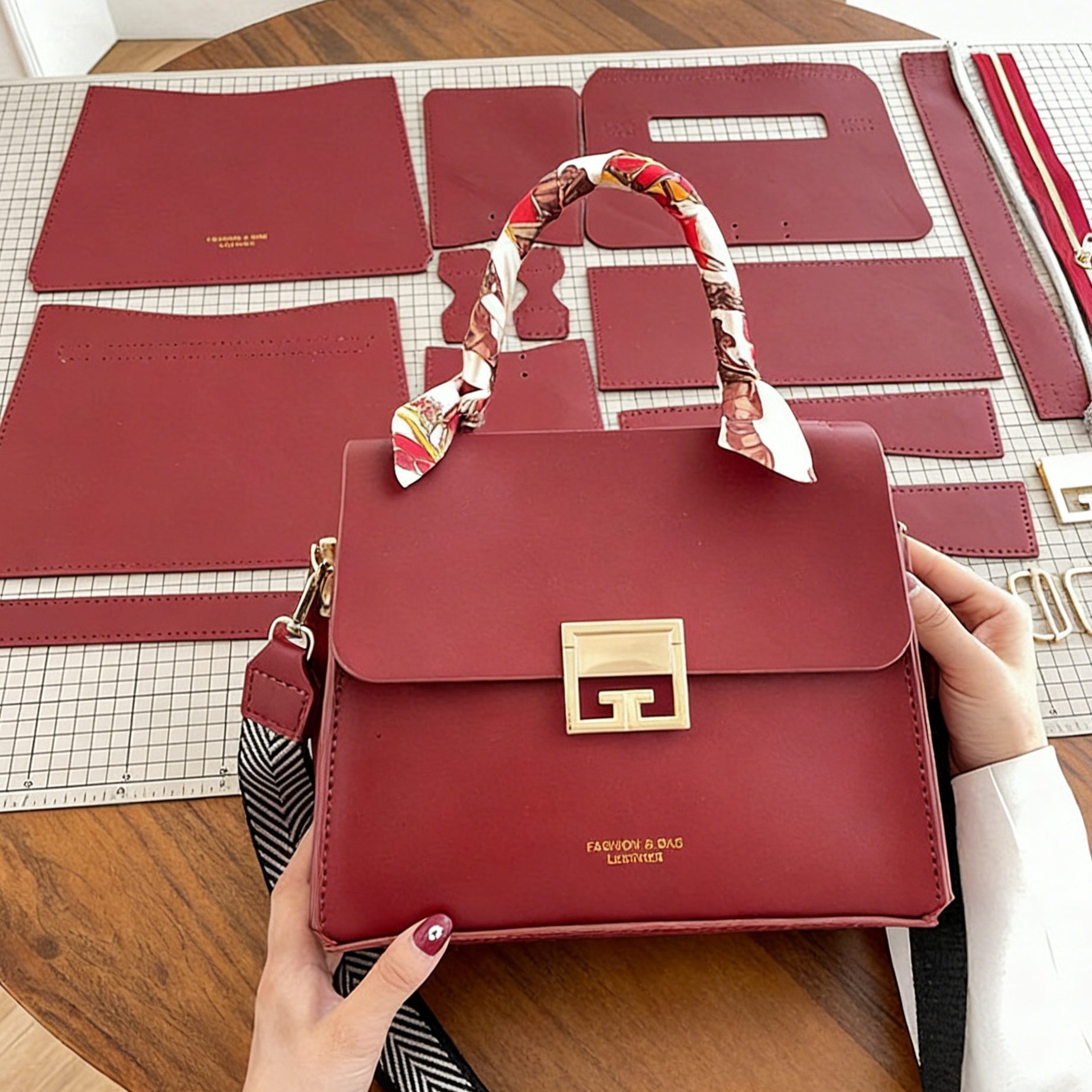 DIY PU Leather Tote Bag Kit for Beginners – Handmade Shoulder & Crossbody Handbag with Video Tutorial, Pre-Cut Materials, Brown/Red White/Red