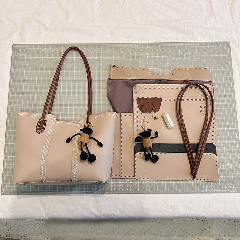 DIY PU Leather Tote Bag Kit for Beginners – Handmade Shoulder Handbag with Video Tutorial, Pre-Cut Materials, Khaki/White/Brown/Black