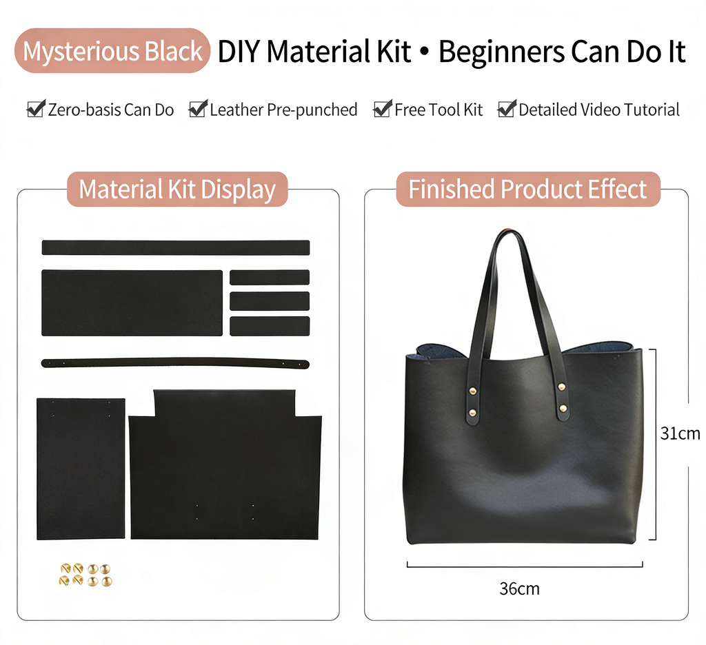 DIY Genuine Leather Tote Bag Kit for Beginners – Handmade Cowhide Shoulder Handbag with Video Tutorial, Pre-Cut Sewing Craft Set