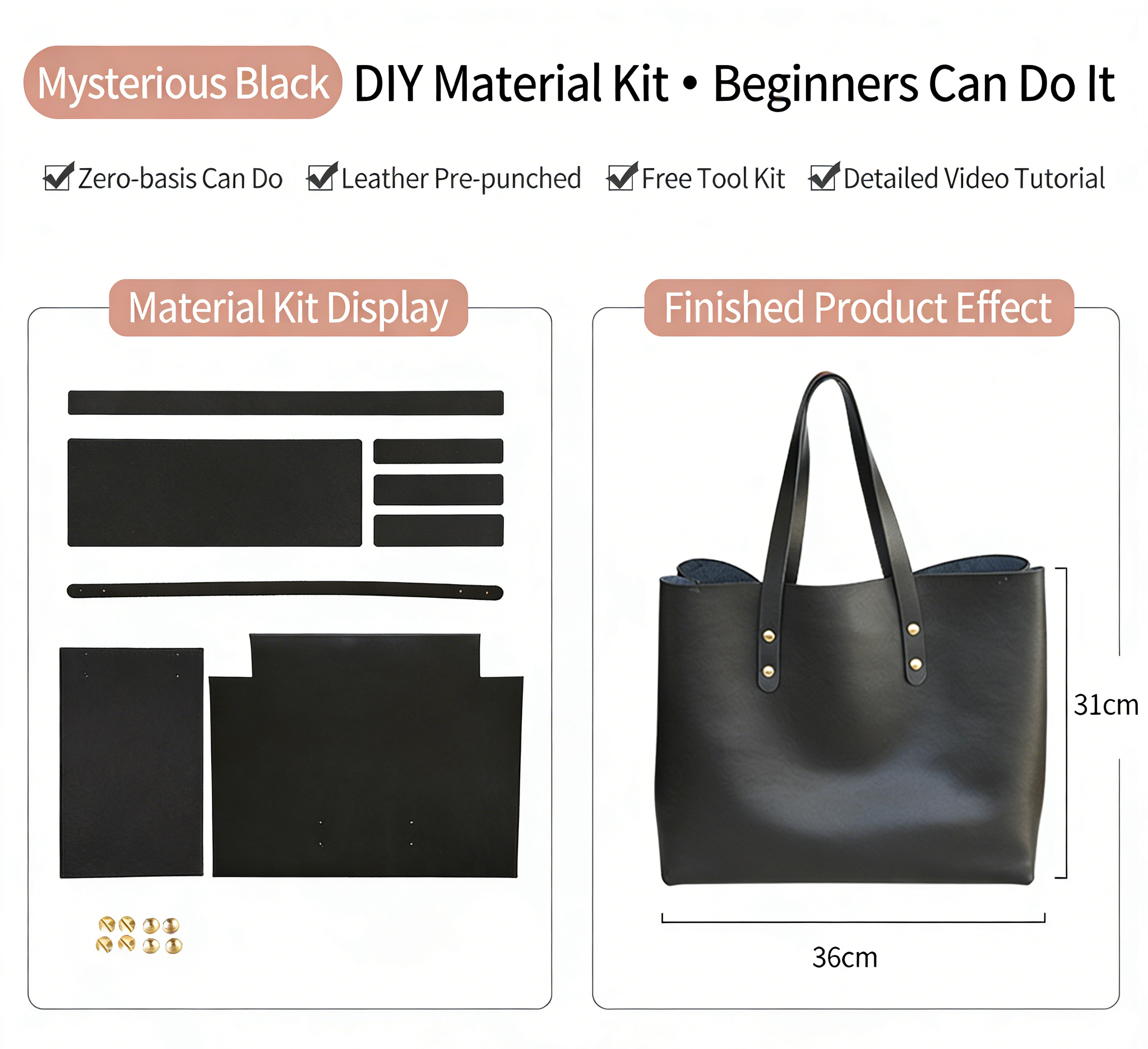 DIY Genuine Leather Tote Bag Kit for Beginners – Handmade Cowhide Shoulder Handbag with Video Tutorial, Pre-Cut Sewing Craft Set