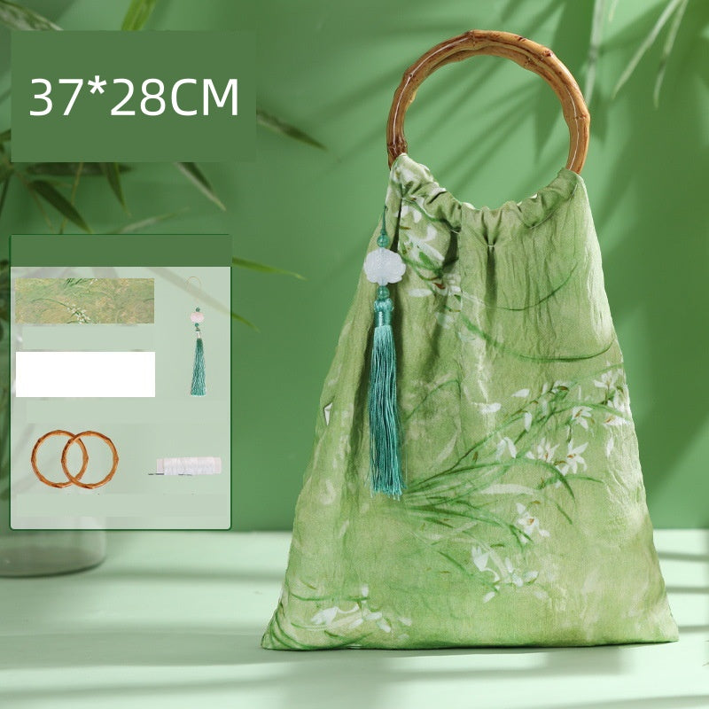 DIY Bamboo Handle Handbag Kit | Chinese Style Straw Woven Bag Craft Set with Fabric Materials | Handmade New Chinese Aesthetic Gift Bag