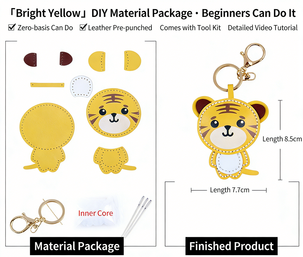 DIY Tiger Keychain Leather Craft Kit – Pre-Cut Cowhide Sewing Kit with Video Tutorial, Handmade Animal Keyring DIY Set