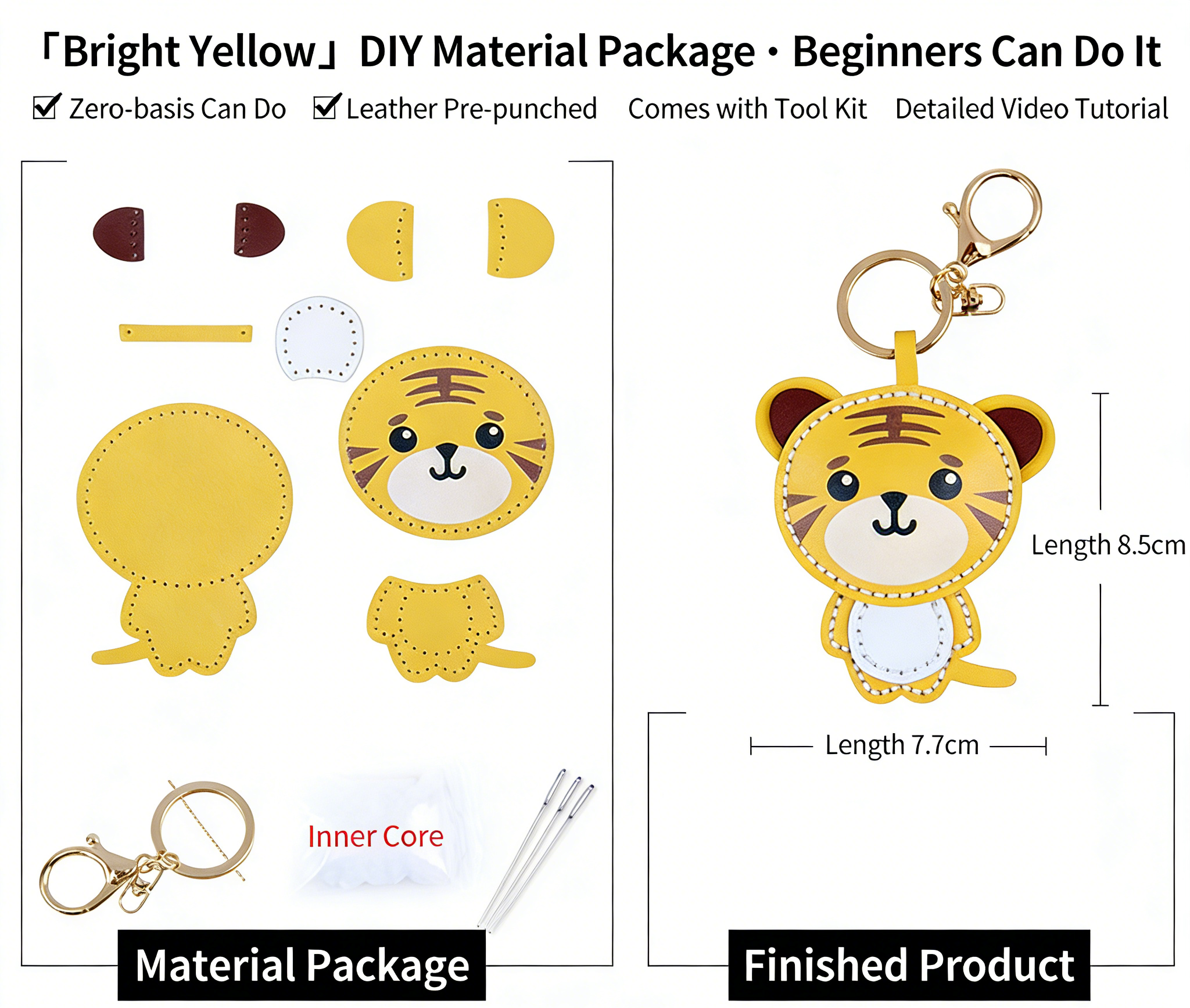 DIY Tiger Keychain Leather Craft Kit – Pre-Cut Cowhide Sewing Kit with Video Tutorial, Handmade Animal Keyring DIY Set
