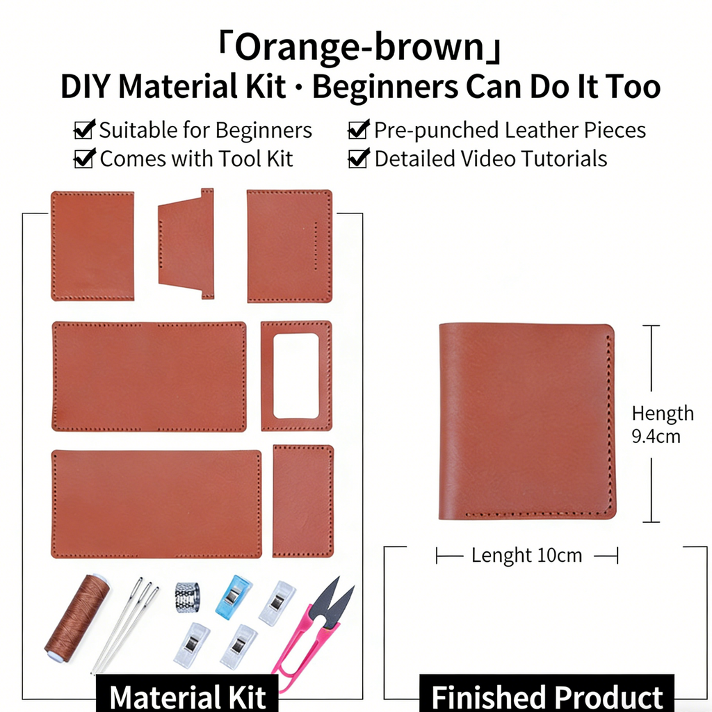 DIY Genuine Leather Vertical Bifold Wallet Kit for Beginners – Handmade Cowhide Wallet with Pre-Cut Pieces & Video Tutorial