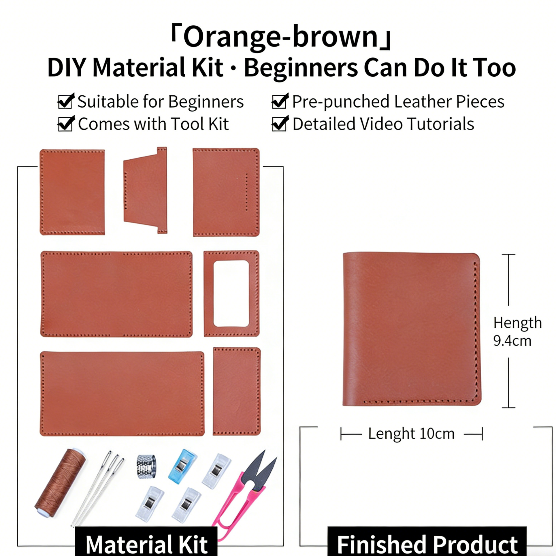 DIY Genuine Leather Vertical Bifold Wallet Kit for Beginners – Handmade Cowhide Wallet with Pre-Cut Pieces & Video Tutorial