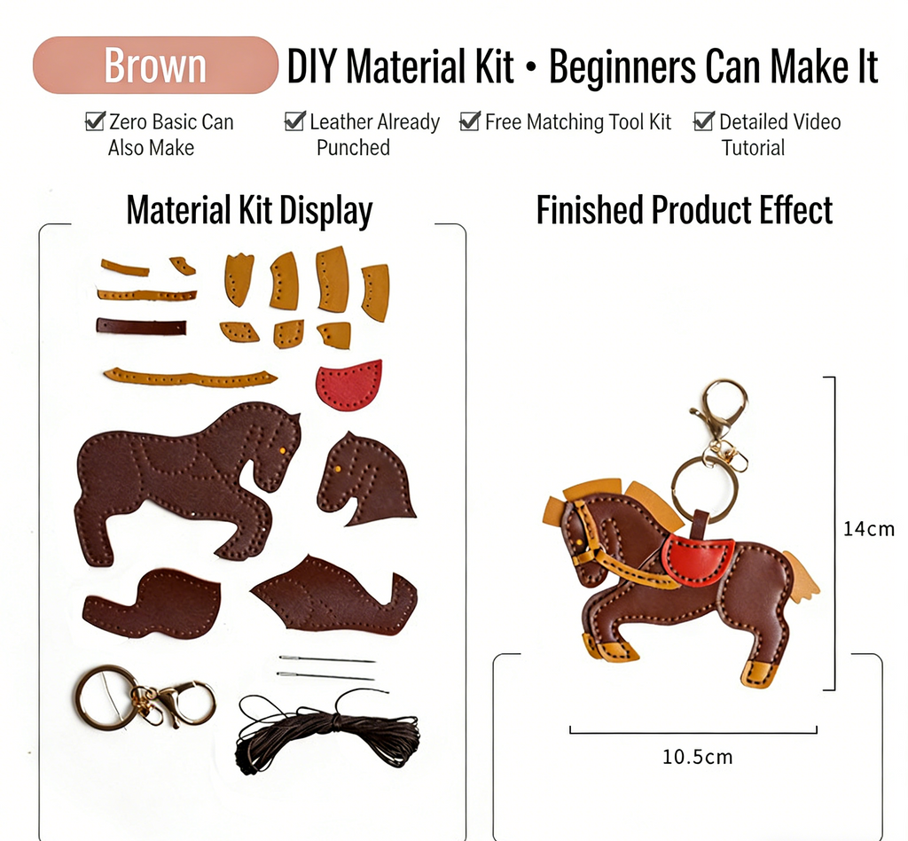 DIY Leather Horse Keychain Kit for Beginners – Handmade Cowhide Bag Charm & Keyring Craft Set with Video Tutorial