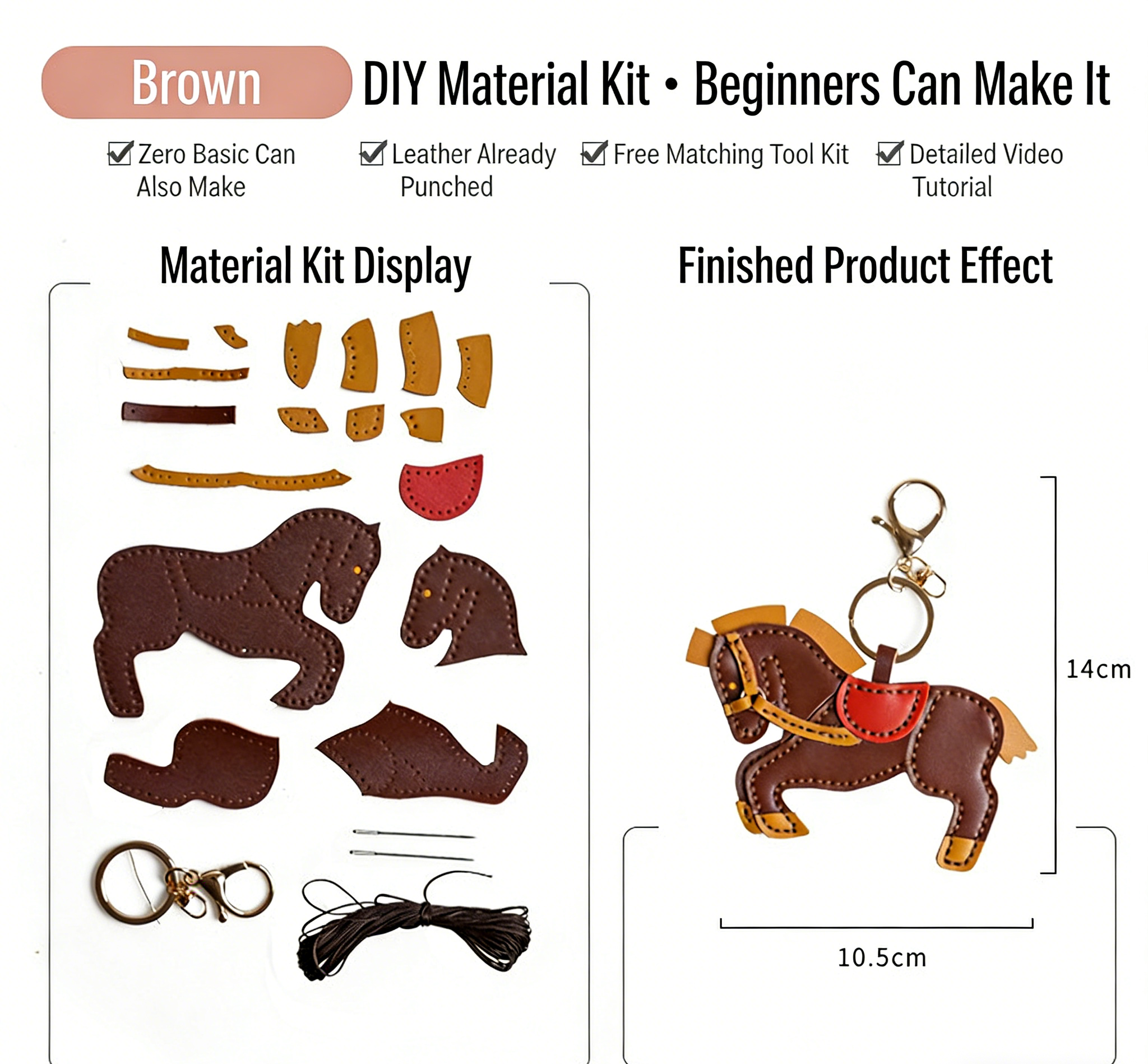 DIY Leather Horse Keychain Kit for Beginners – Handmade Cowhide Bag Charm & Keyring Craft Set with Video Tutorial