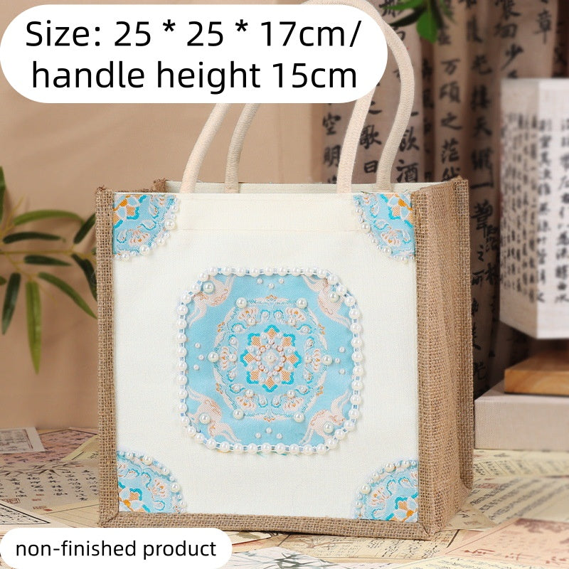 DIY Fabric Tote Bag Kit with Floral Brocade & Pearl Decoration | Handmade Canvas Handbag Craft Set Creative Gift