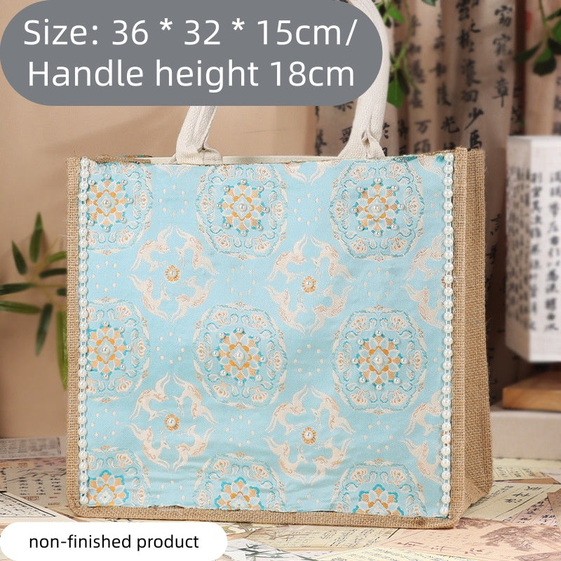 DIY Fabric Tote Bag Kit with Floral Brocade & Pearl Decoration | Handmade Canvas Handbag Craft Set Creative Gift