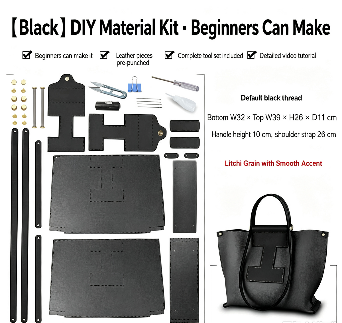 DIY Leather Shoulder Bag Kit – Beginner Large Top-Grain Cowhide Handbag
