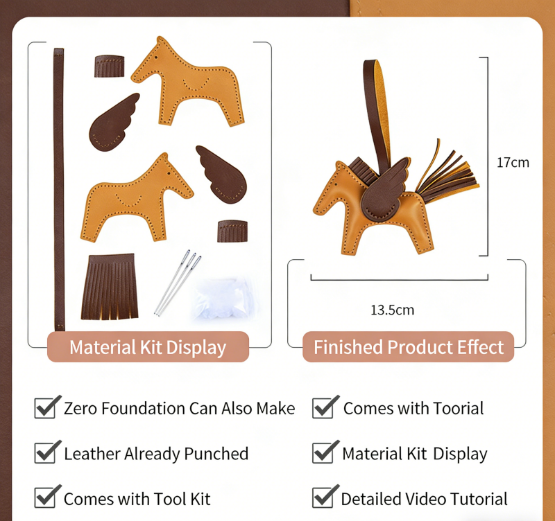 DIY Genuine Leather Pegasus Keychain Kit for Beginners – Handmade Bag Charm, Car Pendant & Key Ring Craft Set with Video Tutorial
