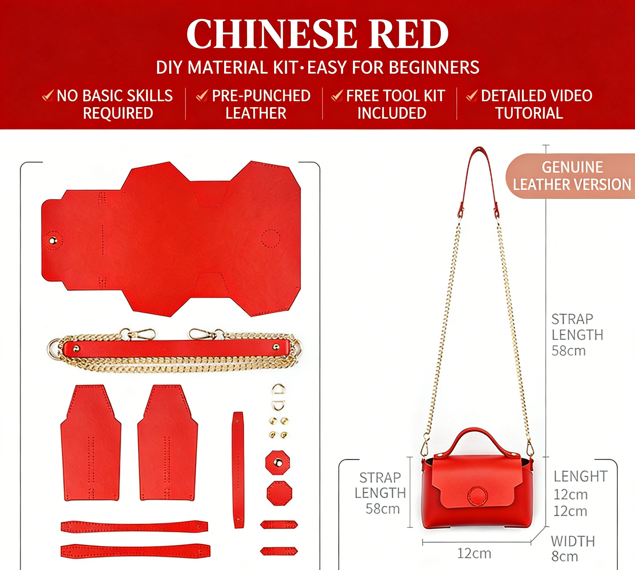 DIY Leather Shoulder Bag Kit for Beginners – Handmade Crossbody Purse with Video Tutorial, Pre-Cut Cowhide Craft Gift