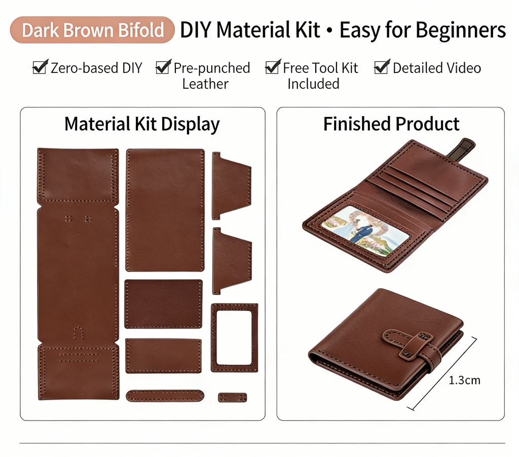 DIY Leather Wallet Kit for Beginners – Handmade Cowhide Bi-Fold & Tri-Fold Wallet Sewing Kit with Pre-Cut Leather and Video Tutorial