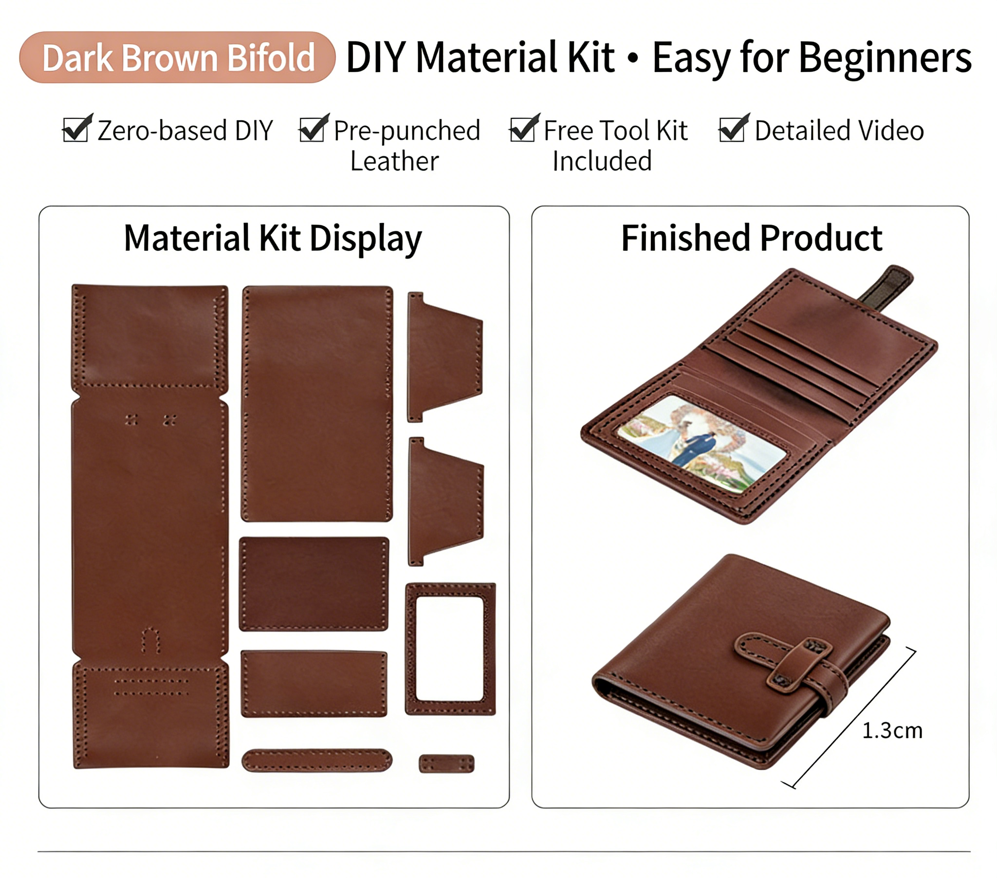 DIY Leather Wallet Kit for Beginners – Handmade Cowhide Bi-Fold & Tri-Fold Wallet Sewing Kit with Pre-Cut Leather and Video Tutorial