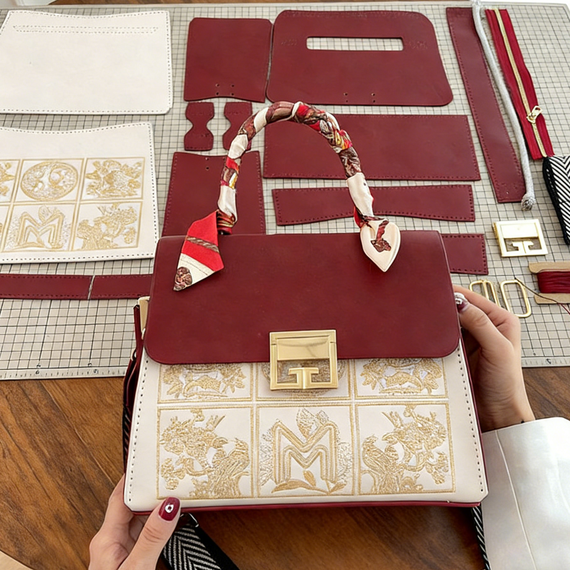 DIY PU Leather Tote Bag Kit for Beginners – Handmade Shoulder & Crossbody Handbag with Video Tutorial, Pre-Cut Materials, Brown/Red White/Red