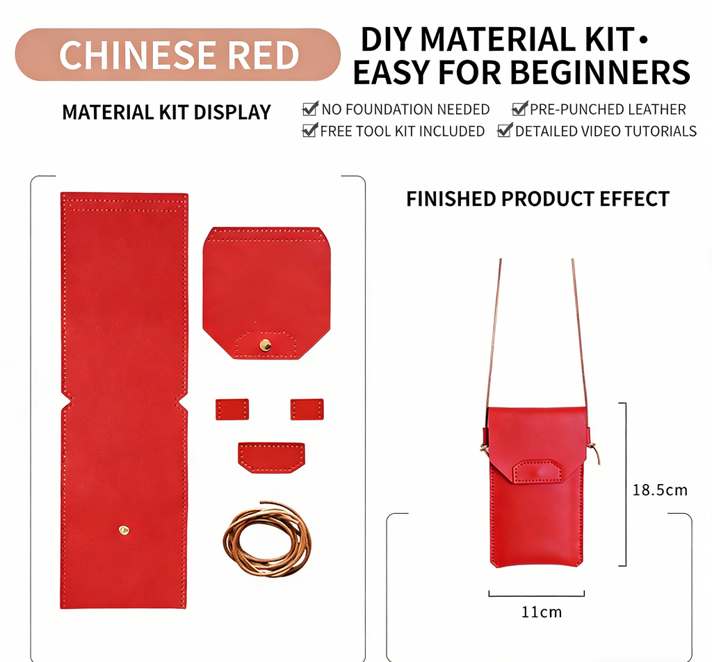 DIY Genuine Leather Phone Bag Kit – Handmade Crossbody Phone Pouch Sewing Kit for Beginners with Video Tutorial