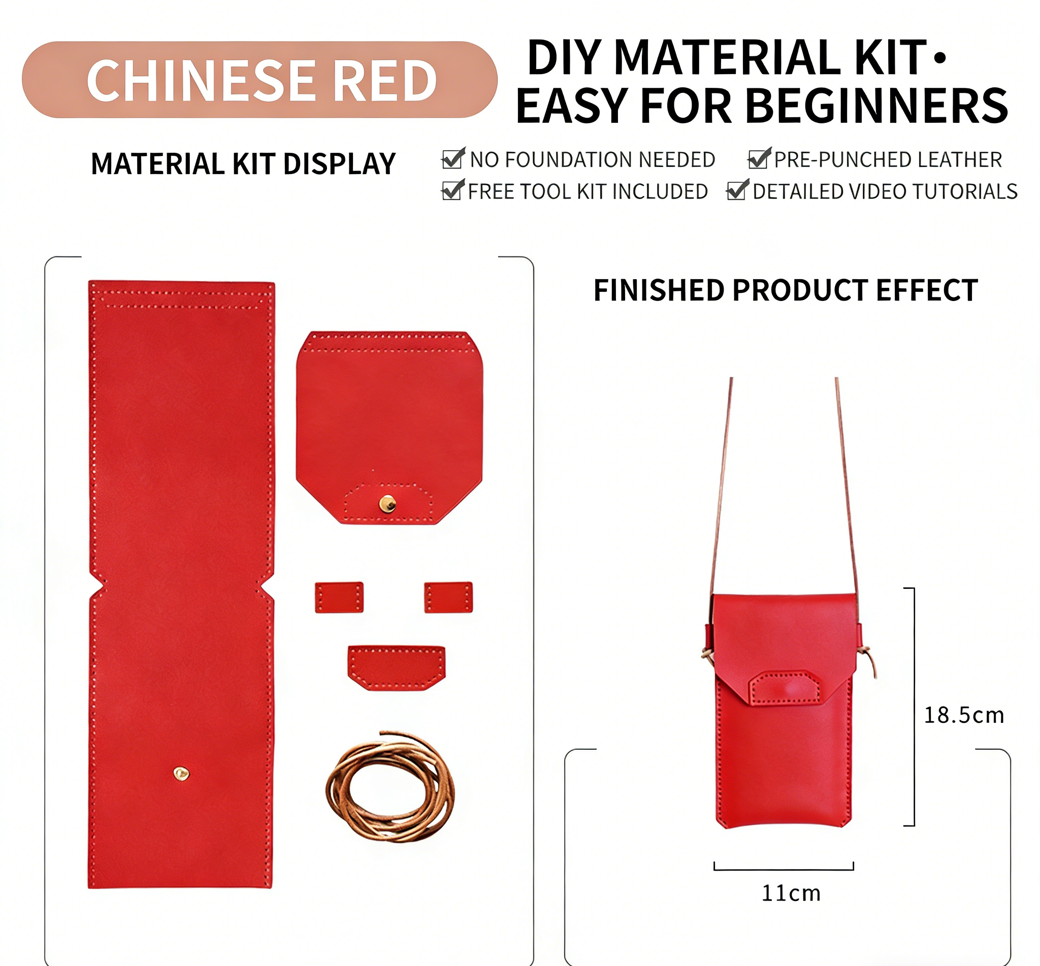 DIY Genuine Leather Phone Bag Kit – Handmade Crossbody Phone Pouch Sewing Kit for Beginners with Video Tutorial