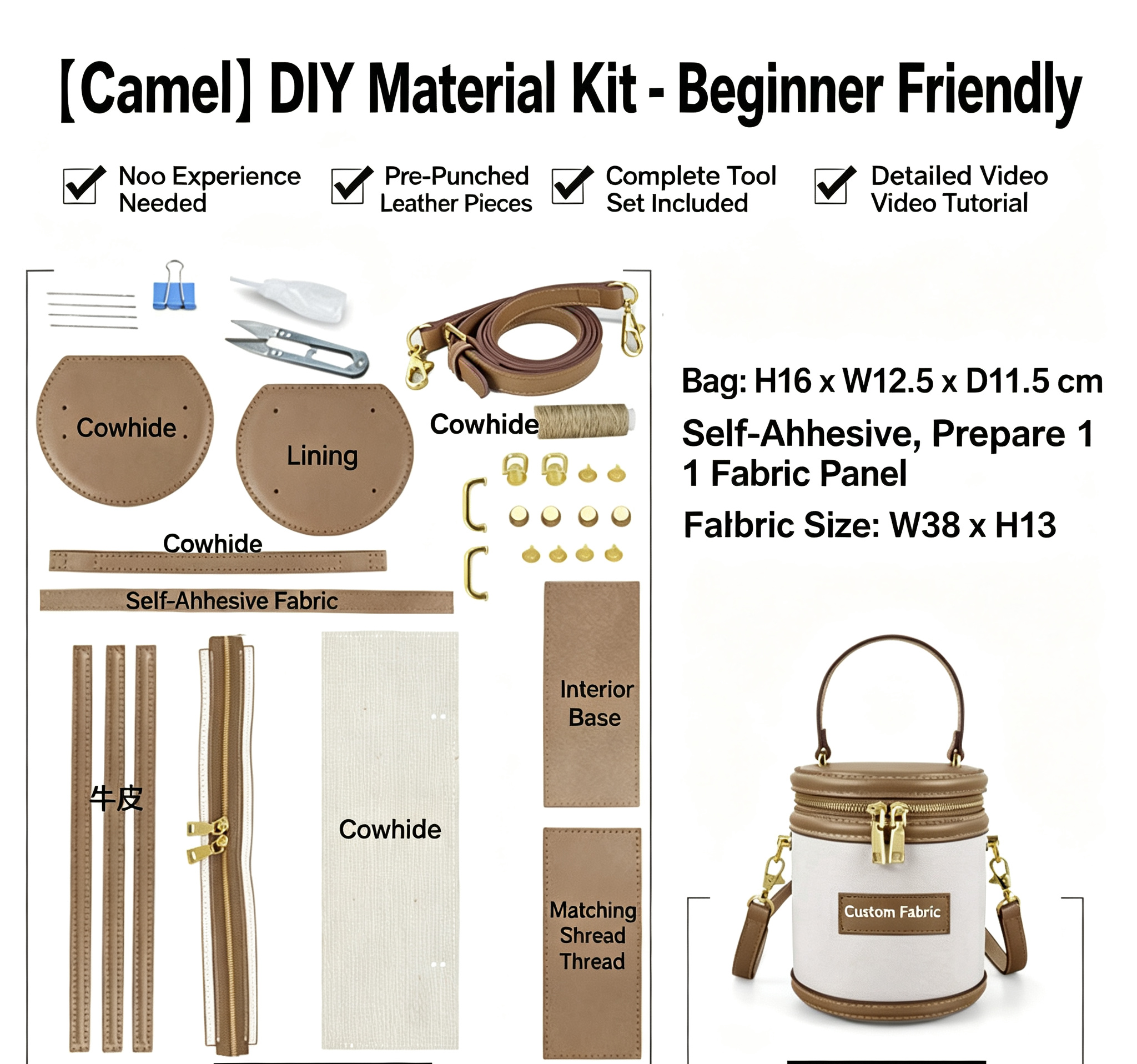 DIY Leather Crossbody Bag Kit for Beginners – Handmade Mini Purse Making Set with Fabric Design, Video Tutorial & Complete Materials