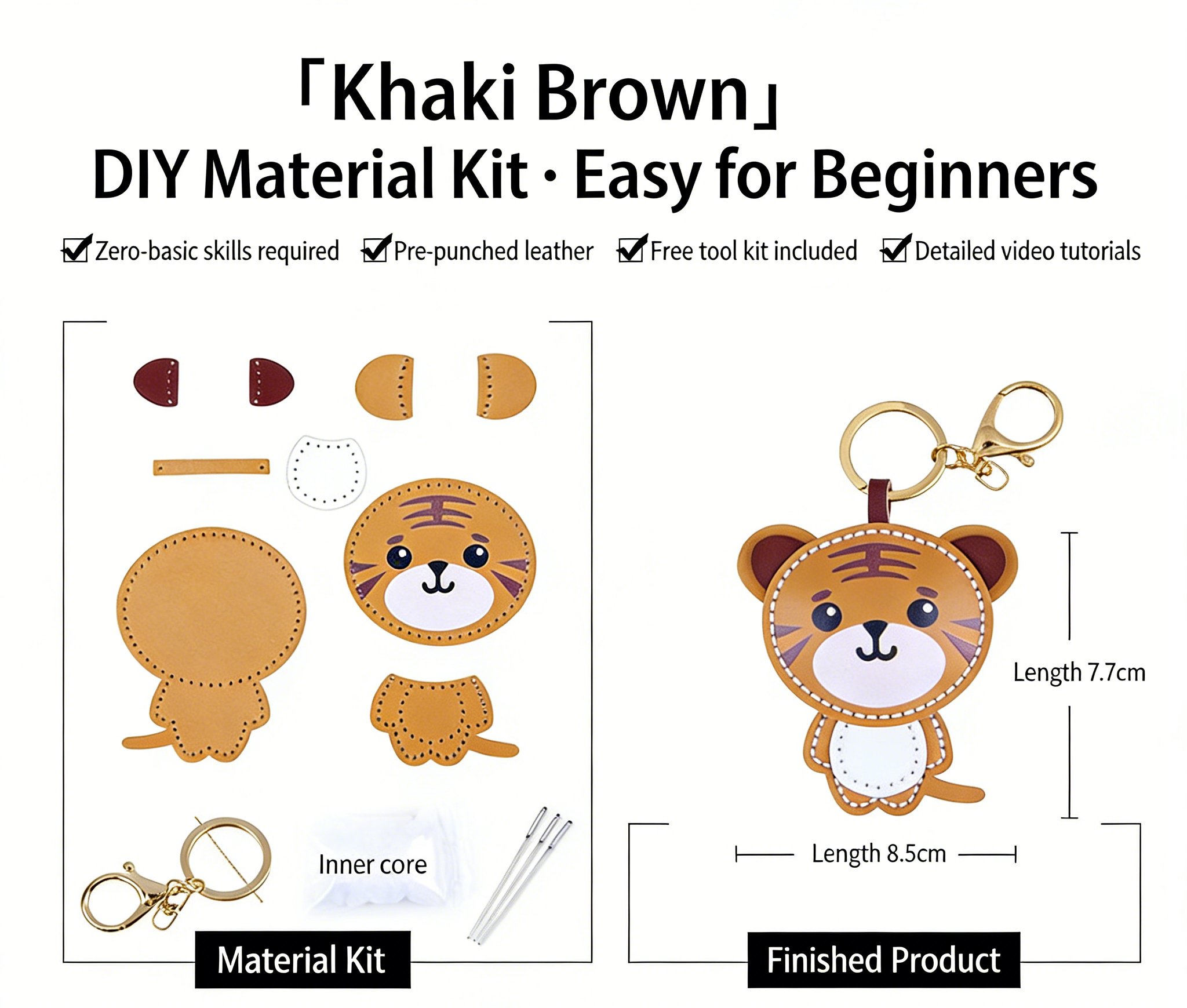 DIY Tiger Keychain Leather Craft Kit – Pre-Cut Cowhide Sewing Kit with Video Tutorial, Handmade Animal Keyring DIY Set