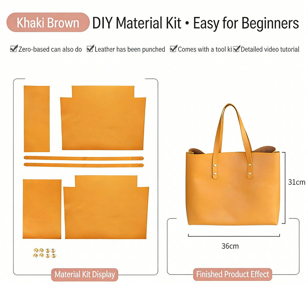 DIY Genuine Leather Tote Bag Kit for Beginners – Handmade Cowhide Shoulder Handbag with Video Tutorial, Pre-Cut Sewing Craft Set