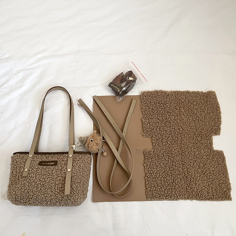 DIY Plush & PU Leather Handbag Kit – Beginner-Friendly 8-Minute Craft Set | Pre-Cut Materials | Handmade Shoulder & Tote Bag Gift for Her