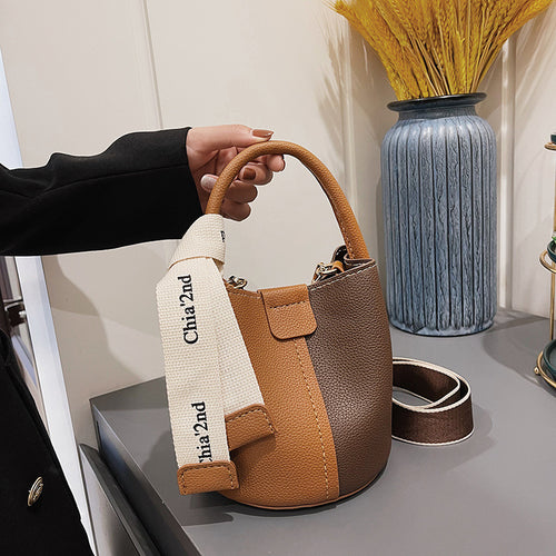 DIY Color Block Pebbled PU Mini Bucket Bag Kit, Letter Ribbon Handle Wide Strap Crossbody Handbag 3 Colors