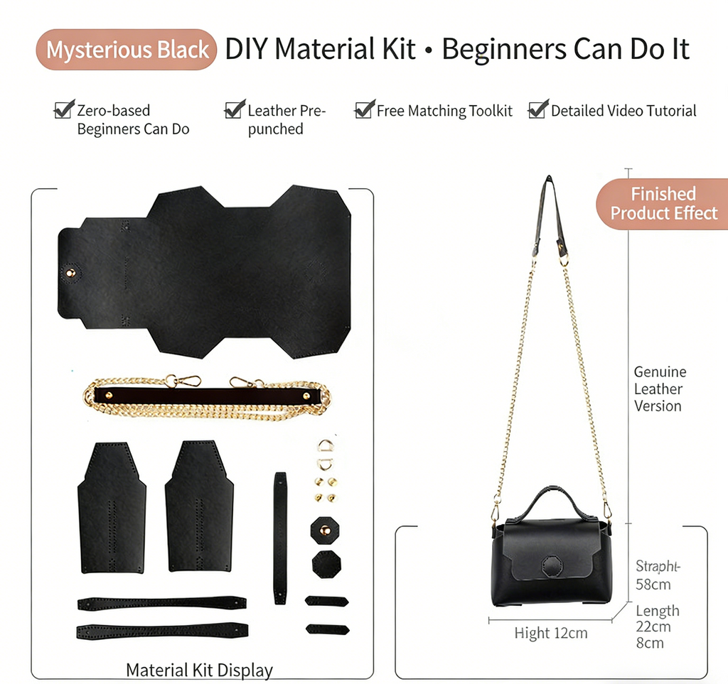 DIY Leather Shoulder Bag Kit for Beginners – Handmade Crossbody Purse with Video Tutorial, Pre-Cut Cowhide Craft Gift