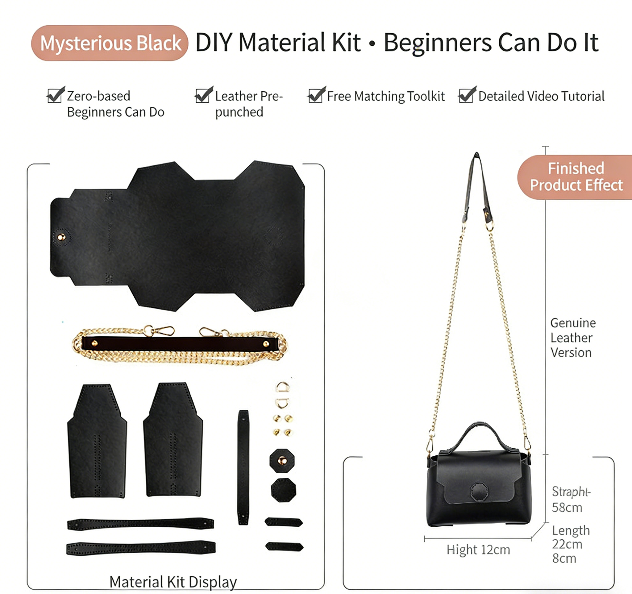 DIY Leather Shoulder Bag Kit for Beginners – Handmade Crossbody Purse with Video Tutorial, Pre-Cut Cowhide Craft Gift