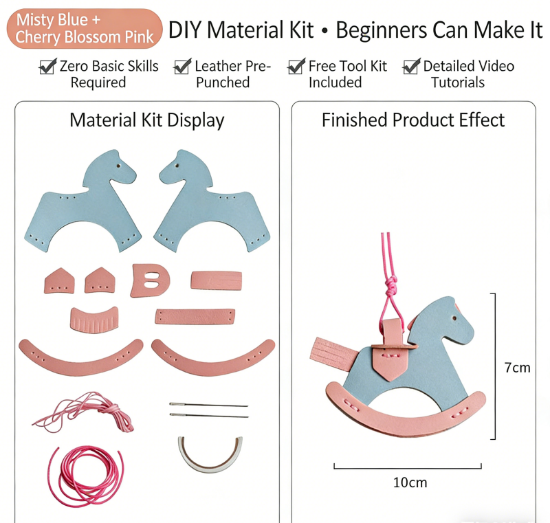 DIY Rocking Horse Keychain Kit for Beginners – Handmade PU Leather Bag Charm & Key Pendant with Video Tutorial