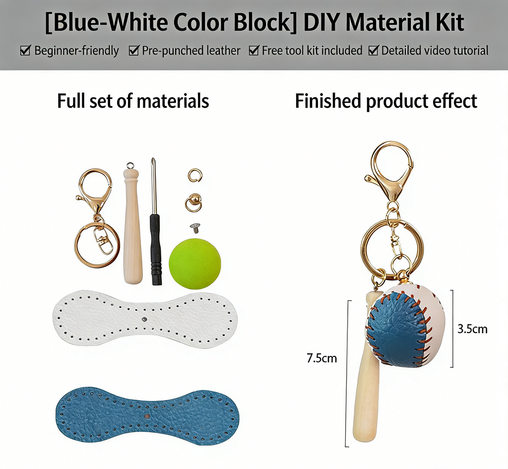 DIY Baseball Keychain Craft Kit | Beginner-Friendly Handmade Leather Gift Set | Pre-Cut Real Cowhide DIY Stitching Kit