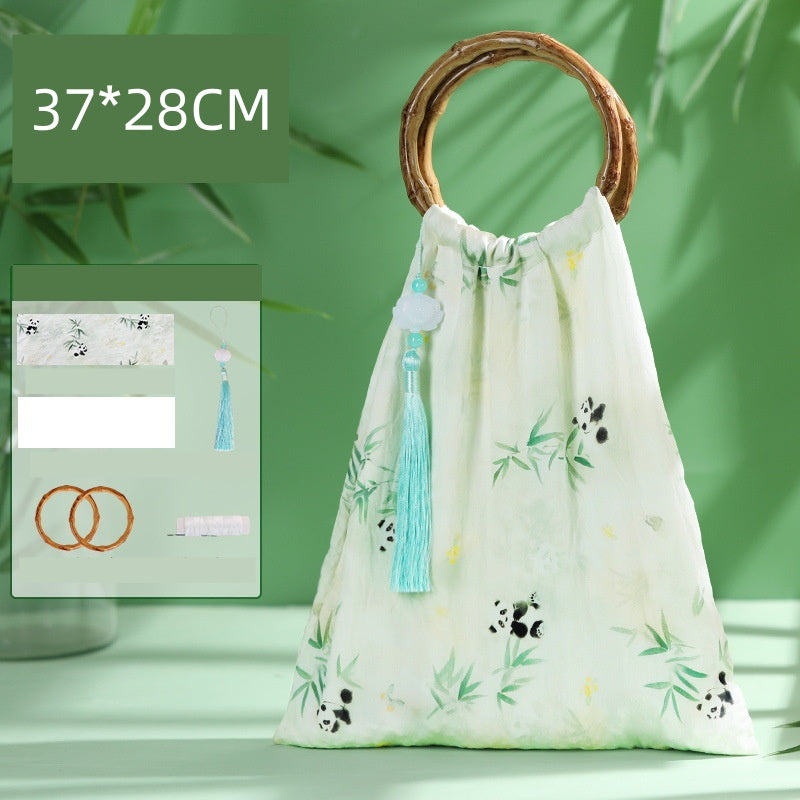 DIY Bamboo Handle Handbag Kit | Chinese Style Straw Woven Bag Craft Set with Fabric Materials | Handmade New Chinese Aesthetic Gift Bag