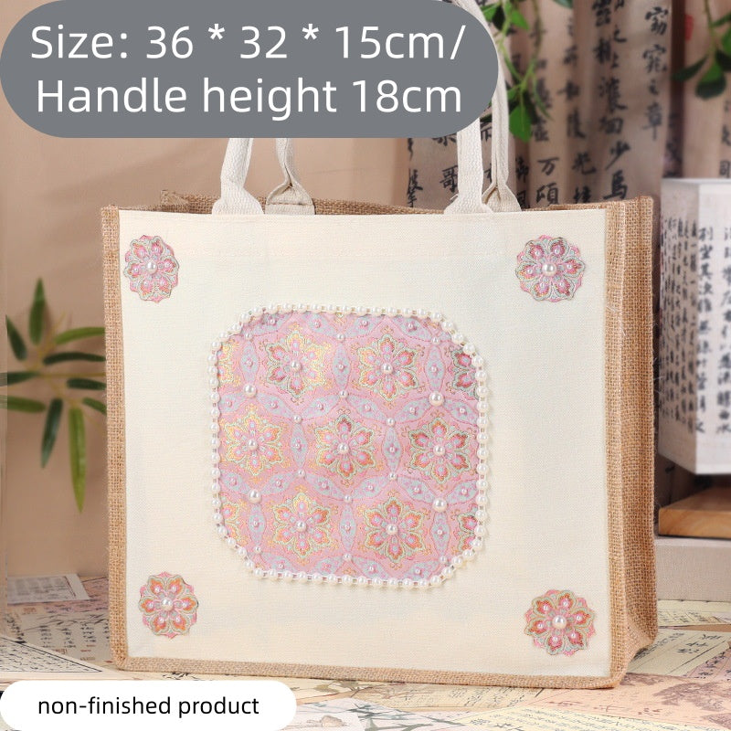 DIY Fabric Tote Bag Kit with Floral Brocade & Pearl Decoration | Handmade Canvas Handbag Craft Set Creative Gift