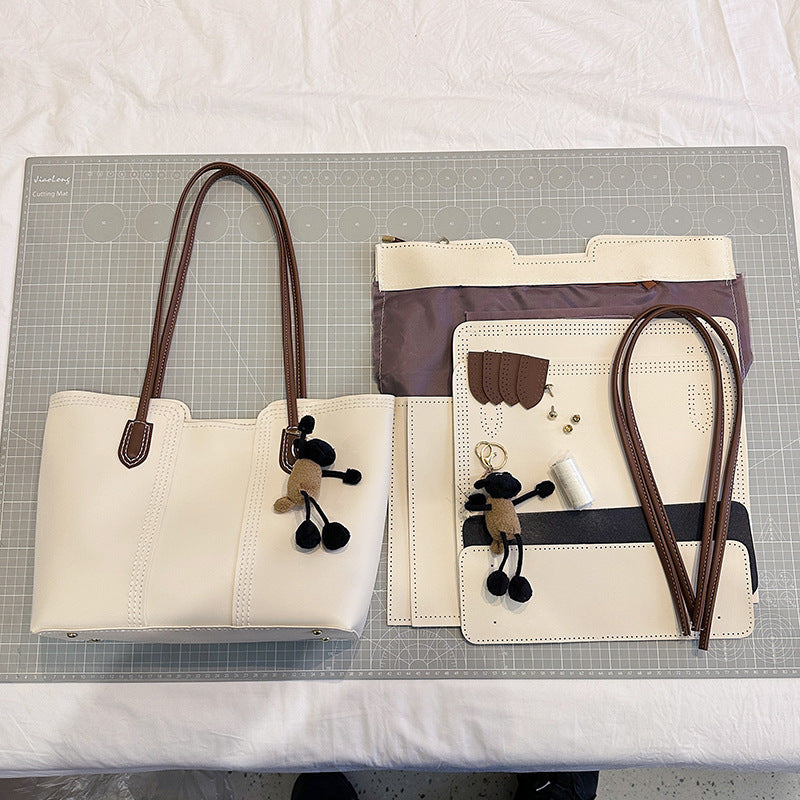 DIY PU Leather Tote Bag Kit for Beginners – Handmade Shoulder Handbag with Video Tutorial, Pre-Cut Materials, Khaki/White/Brown/Black