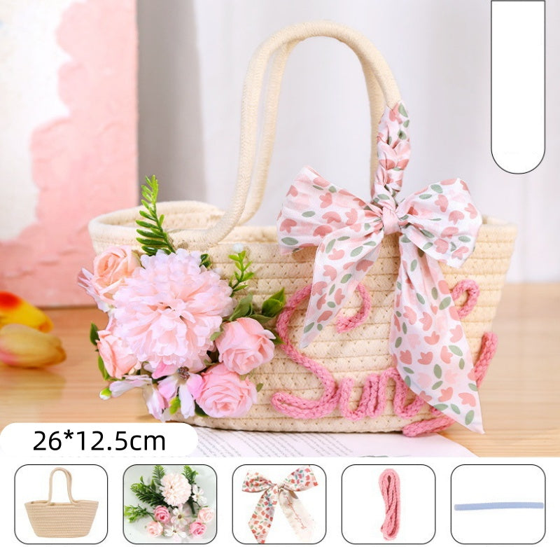 DIY Floral Straw Woven Bag Kit | Handmade Flower Weaving Tote Craft Set with Artificial Flowers | Spring & Summer Travel Fashion Bag Gift